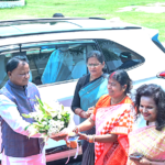 Pravati Parida is addressing Nari Shakti Vandan Sammelan in Bhubaneswar with leaders and women achievers attending