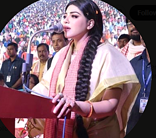 Pamela Goswami addressing a political rally in West Bengal during election campaign