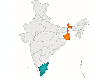 Voters standing in long queues at polling booths in West Bengal and Tamil Nadu during elections.
