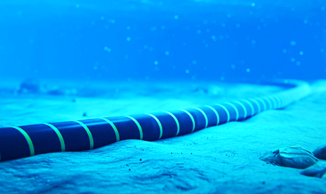 Illustration of underwater fiber optic internet cables passing through the Strait of Hormuz with geopolitical tension highlights.