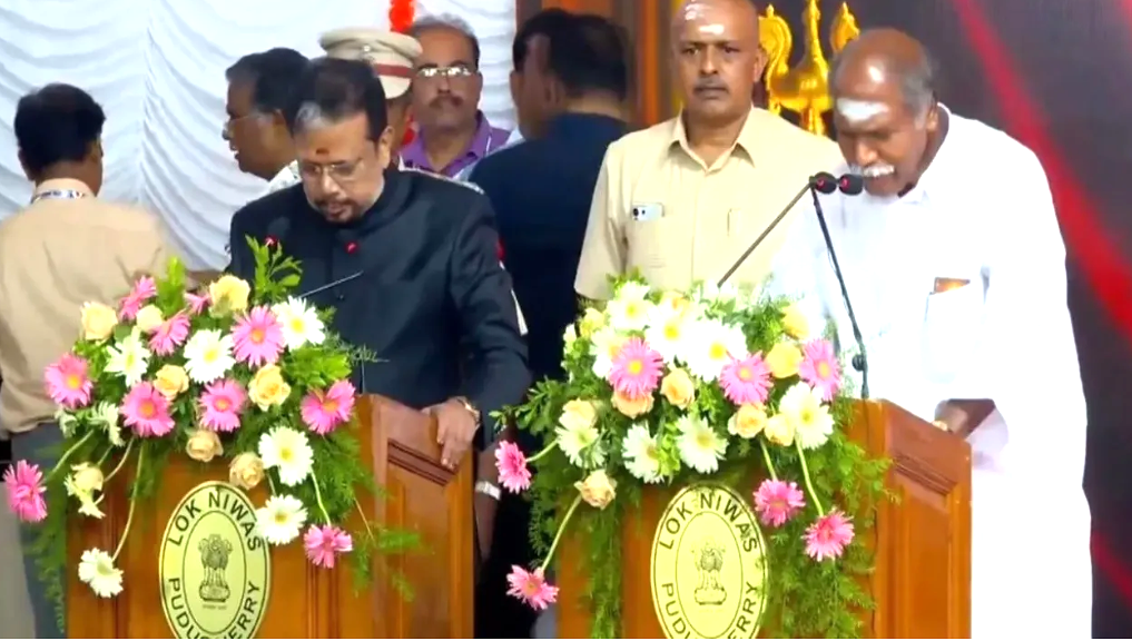 N. Rangasamy taking oath as the Chief Minister of Puducherry at Lok Bhavan.