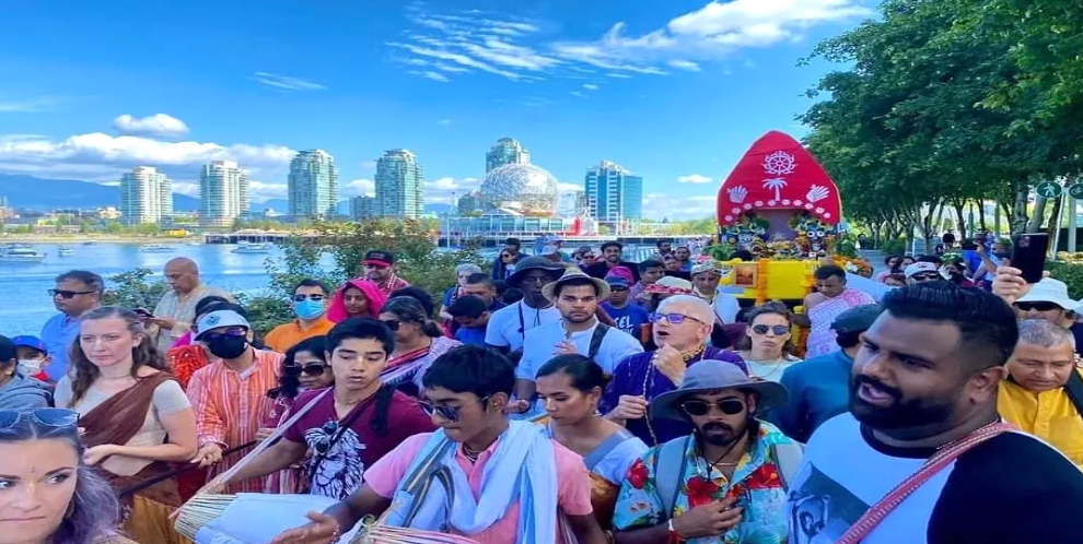 Devotees participate in an ISKCON Rath Yatra organized outside India amid controversy over traditional observance.