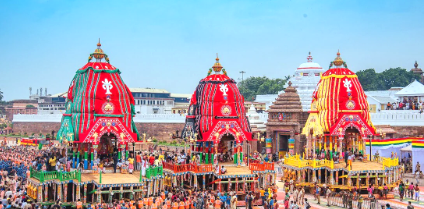 Officials oversee preparations for the three chariots ahead of Puri Rath Yatra.