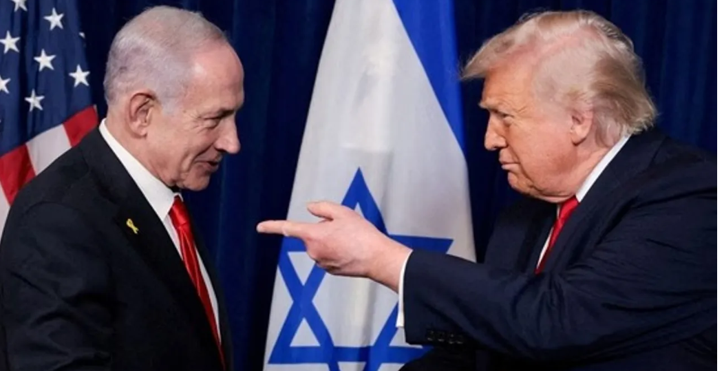 Donald Trump and Benjamin Netanyahu during a diplomatic meeting amid Middle East tensions.