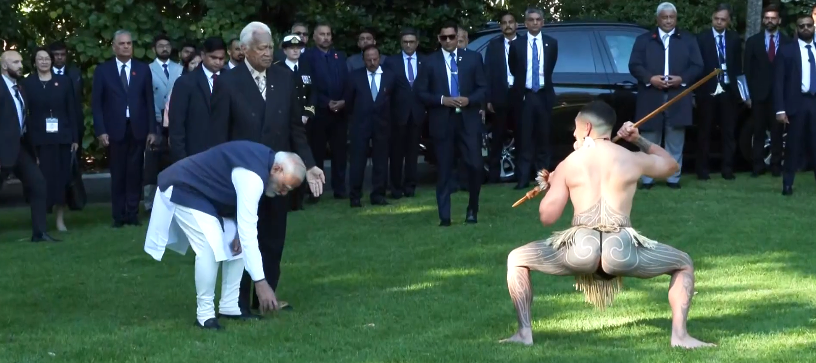 Prime Minister Narendra Modi receives a traditional Māori Pōwhiri welcome in Auckland.